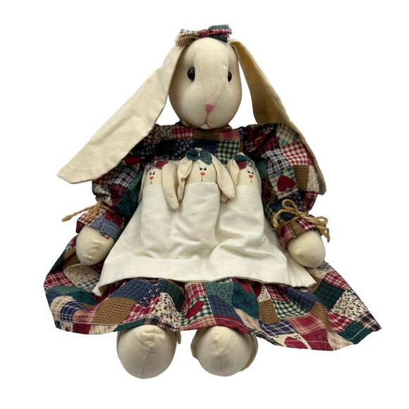 Handmade Patchwork Bunny Doll With Three Baby Bunnies In Apron 18" Plush Decor - Picture 2 of 13